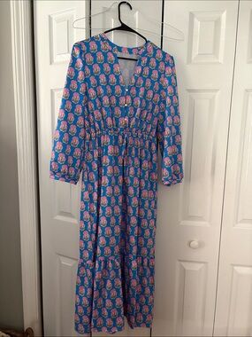Blue Floral Long Sleeve  Dress - Pink Floral Print